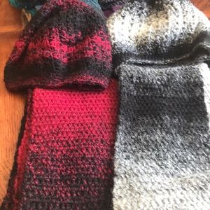 Crocheted beanies and matching scarfs